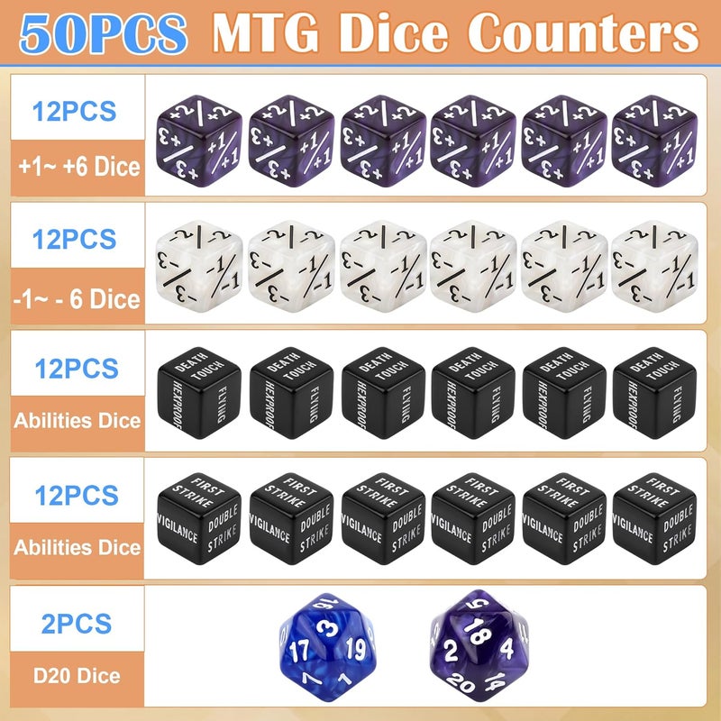 Anglekai 50PCS MTG Dice Counters, 24PCS Abilities Keywords/ 24P -1/+1 Buff Tokens/ 2P D20 Cube Dices/Storage Bag, MTG Counters for TCG Card Games - Image 4